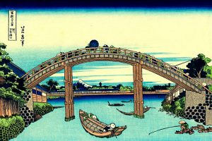 Wooden bridge by Katsushika Hokusai, color woodcut, 1830-1833