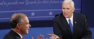 Republican vice-presidential nominee Gov. Mike Pence, right, and Democratic vice-presidential nominee Sen. Tim Kaine speak during the vice-presidential debate at Longwood University in Farmville, Va., Tuesday, Oct. 4, 2016. (Andrew Gombert/Pool via AP)