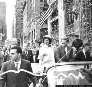 UNITED STATES - OCTOBER 19:  Sen. John F. Kennedy and his wife, Jackie, wave to crowds as they proceed up lower Broadway in a parade.  (Photo by Frank Hurley/NY Daily News Archive via Getty Images)